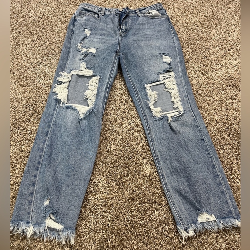 Distressed, high rise, slim straight CELLO Blue Jeans sz 11